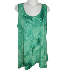 Dressbarn Top Women's Green 1X Sleeveless Embroidered Sequins Asymmetrical Boho